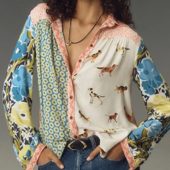 Anthropologie Maeve The Paz Mixed Print Button down Top Dogs - Picture 2 of 15